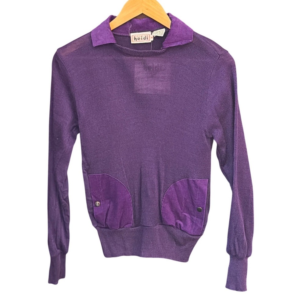 VTG 80s Heidi Knit Sweater Retro Indie Purple Corduroy Trim Pocket Top M 5594